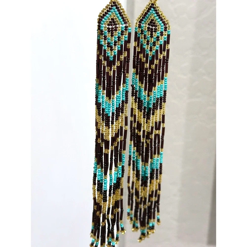 Handmade Seed Bead Fringe Earrings Turquoise Gold Dark Purple Chevron Boho 8.25